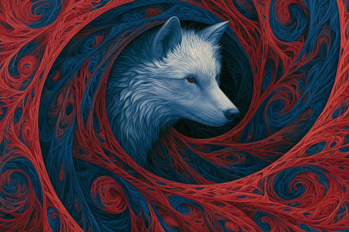 A white wolf sits at the center of a spiraling fractal vortex in crimson red and midnight blue, with the patterns curling outward like a black hole's pull. The…