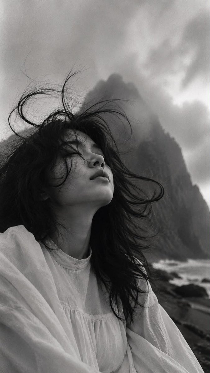 Windswept Coastal Portrait in Black and White Film — AI result, variation 2 of 4