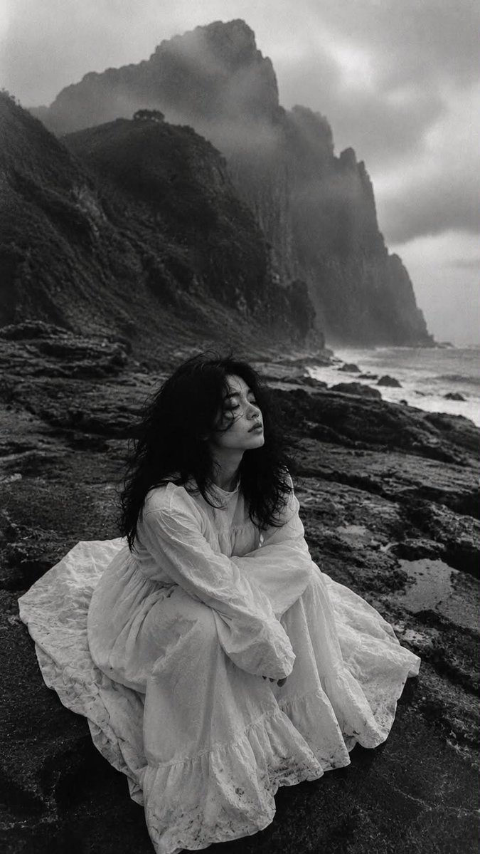 Windswept Coastal Portrait in Black and White Film — AI result, variation 3 of 4
