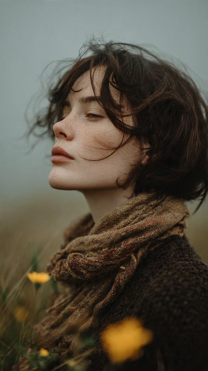 A young woman with tousled dark hair stands in a wildflower meadow under an overcast sky, eyes closed as the wind lifts loose strands across her face. Muted…