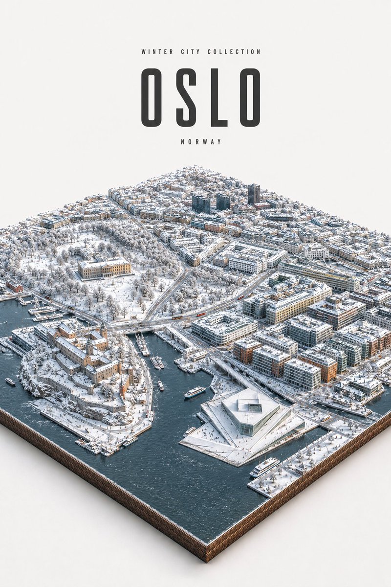 A snow-covered miniature city sits as a diamond-shaped tile on a clean white studio background, seen from a high isometric angle. Every street, roof and tree…