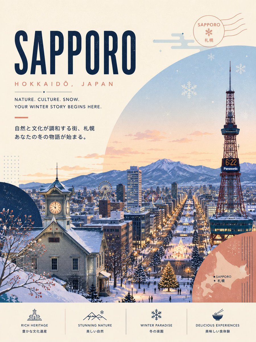 Winter Sapporo Travel Poster With Clock Tower — AI result, variation 2 of 2