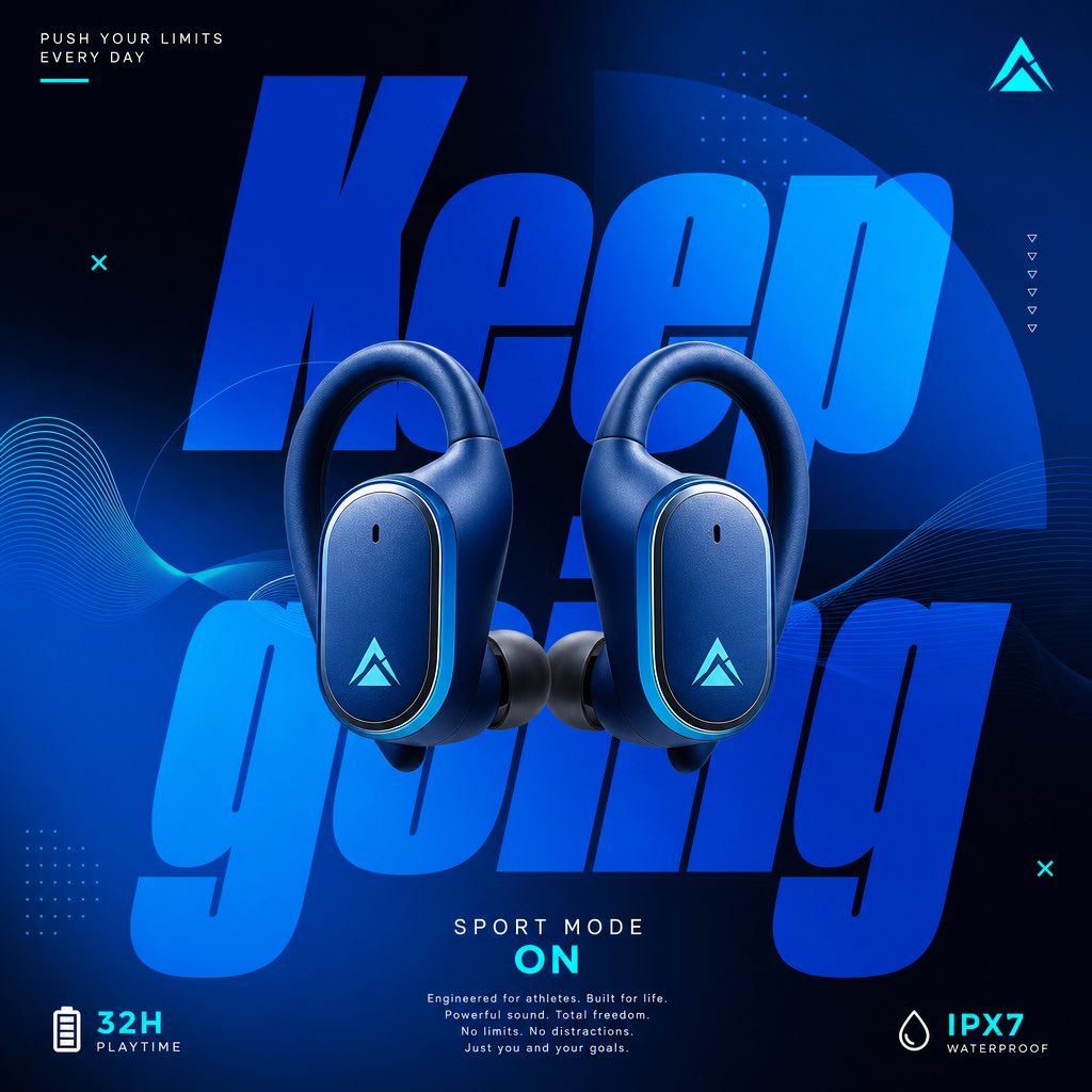 Wireless Sports Earbuds Poster with Huge Type — AI result, variation 2 of 2