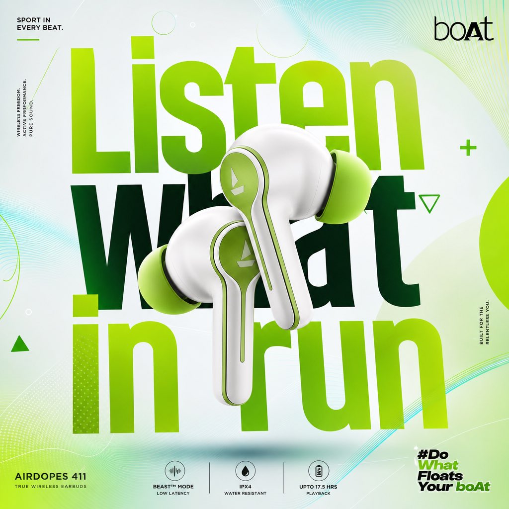 A vertical campaign poster with a pair of matte earbuds at center, half-hidden behind oversized bold lettering over translucent circles and wave lines. The…