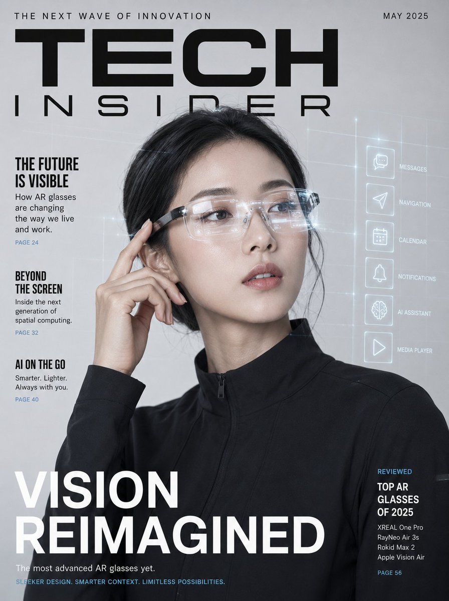 A studio portrait of a woman in transparent-lens smart glasses, with a faint holographic display reflected in the lenses. Set against a pale grey grid…