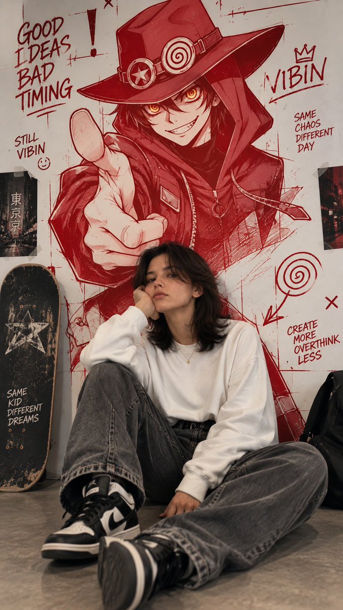 Woman in Front of Red Anime Gunslinger Mural — AI result, variation 2 of 2