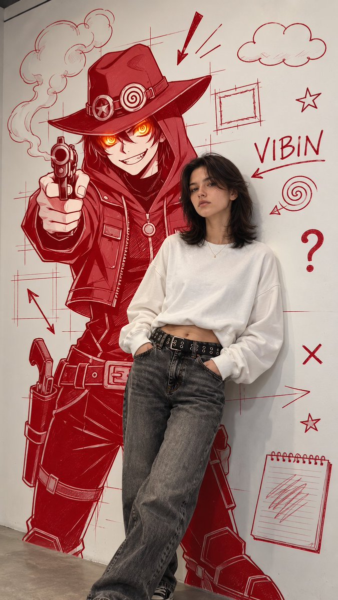 A photorealistic young woman in a cropped white sweatshirt stands before a large hand-drawn red ink anime mural of a gunslinger. The sketch lines, arrows and…
