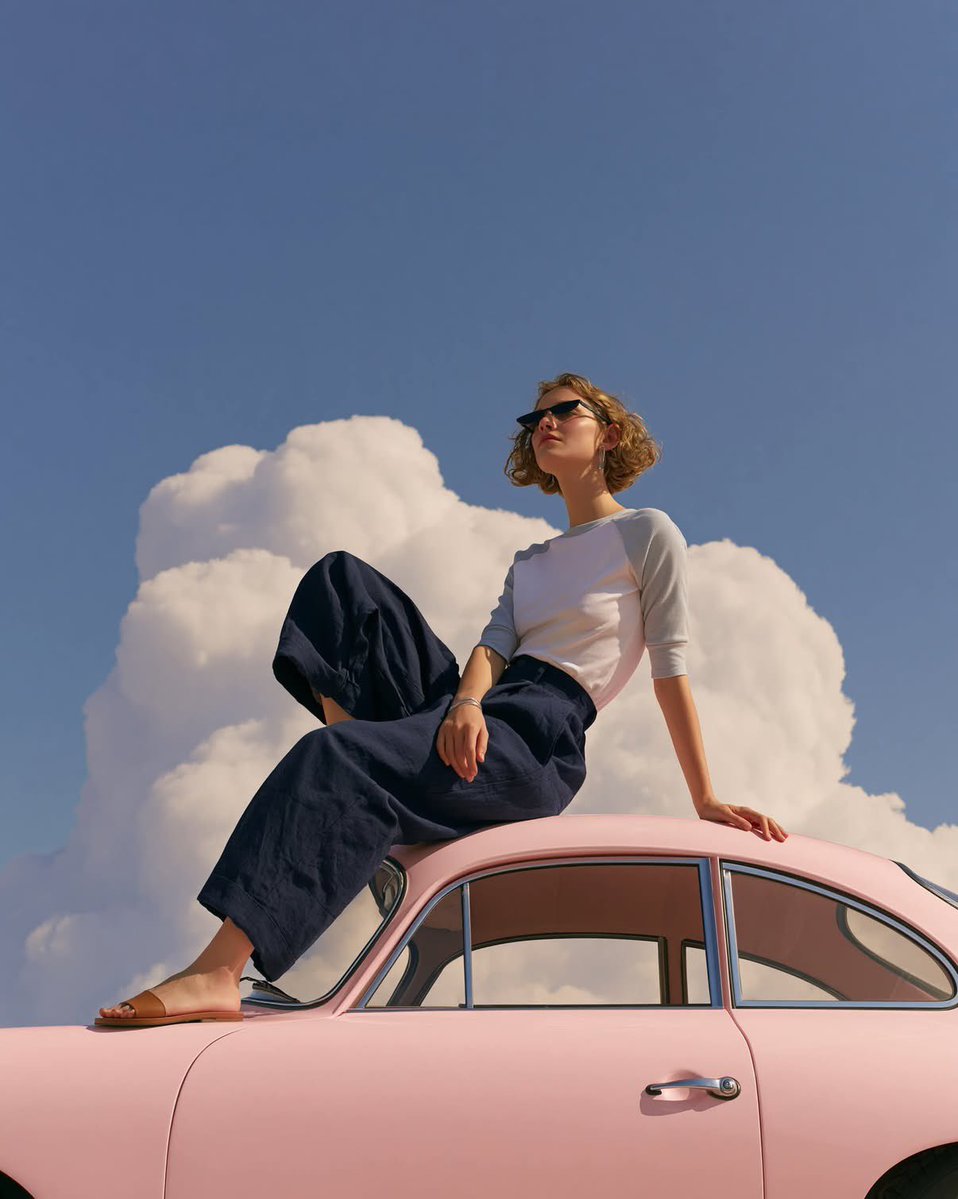 Woman on Pink Vintage Porsche Editorial Portrait — AI result, variation 3 of 4