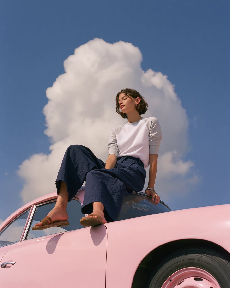 A low-angle fashion portrait of a young woman perched on a pastel pink vintage Porsche 356 against a towering cumulus cloud and deep blue sky. Generous empty…