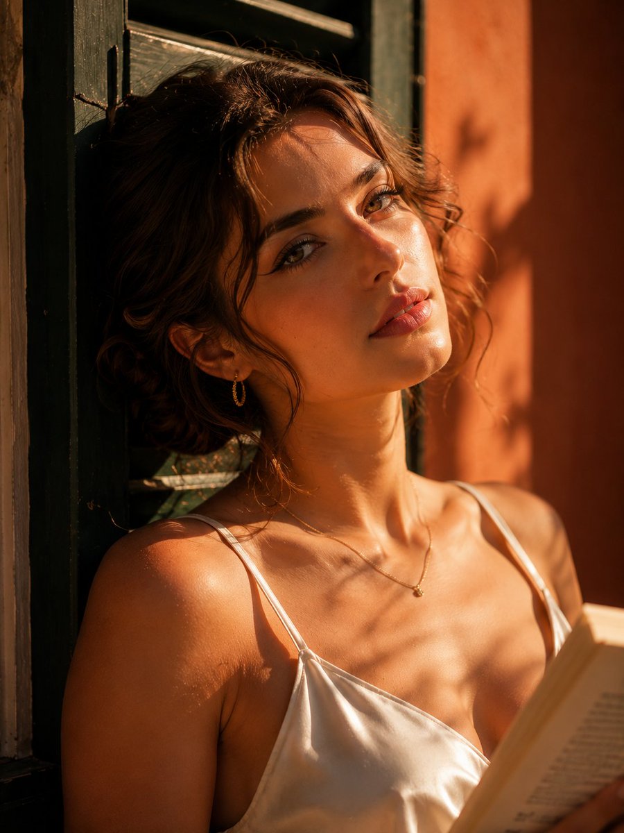 Woman Reading on Mediterranean Window Ledge Photo — AI result, variation 3 of 3
