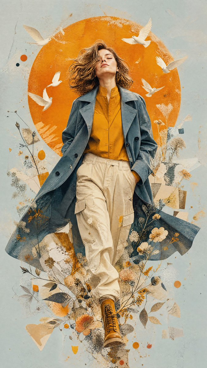 A striding figure with a tilted head and closed eyes faces a huge burnt-orange sun, with doves and botanical fragments dissolving into layered paper and paint.…