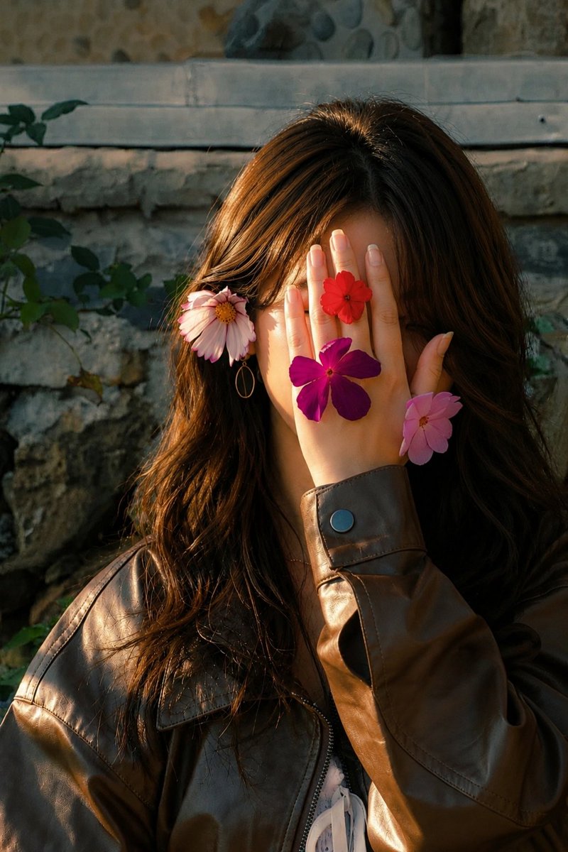 A young woman with wavy dark hair half hidden behind a flower-covered hand, lit by warm golden-hour sun against a rustic stone wall. Purple, red and pink…