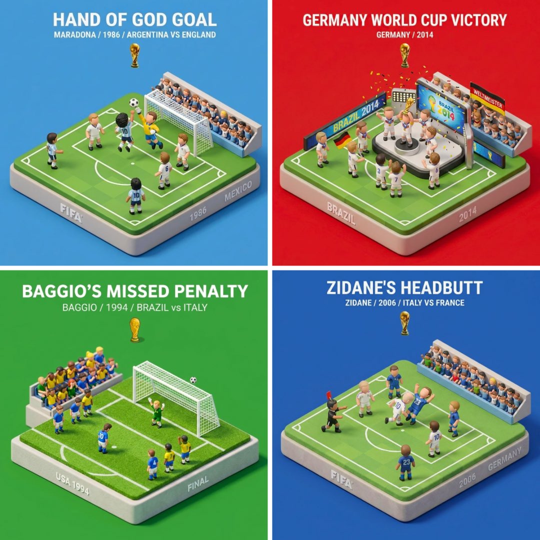 A square, top-down isometric scene of a famous World Cup moment built as a small raised diorama with tiny stylized figures and soft PBR lighting. A bold title…