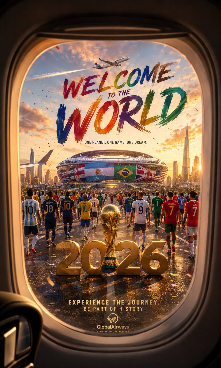 A tall travel ad framed by a business-class window, with a futuristic stadium glowing in golden-hour light and players from many nations walking toward it.…