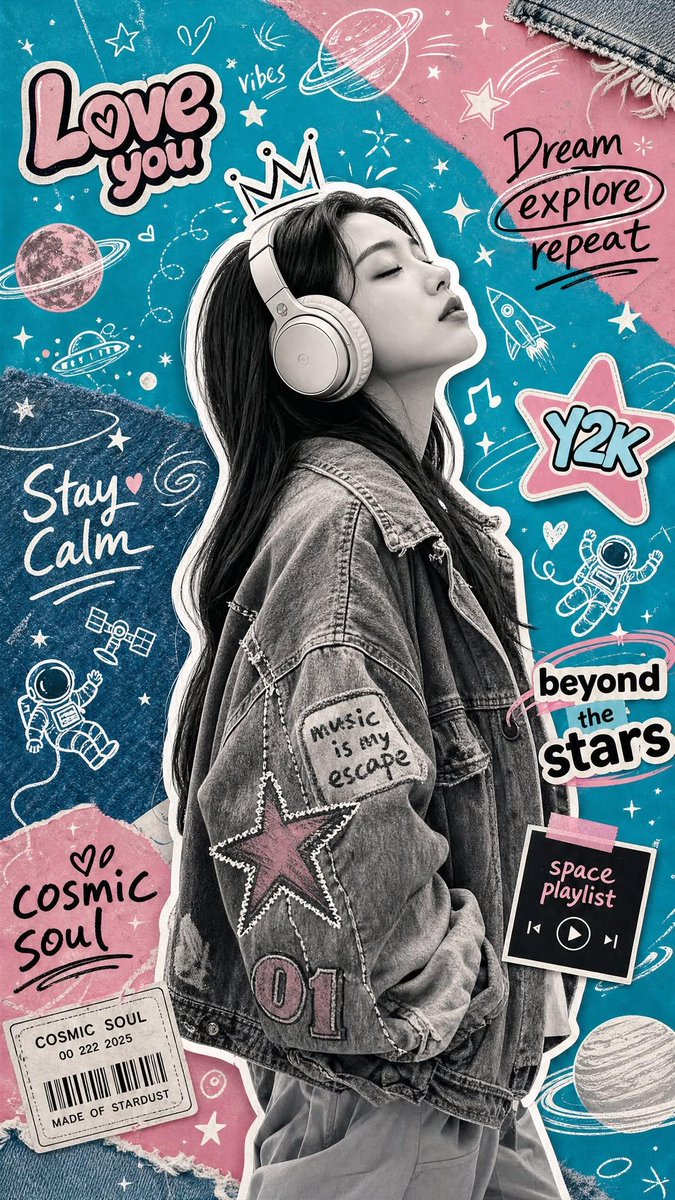 A black-and-white headphone listener sits inside a sticker-style white outline, surrounded by hand-drawn planets, stars and music notes on turquoise and pastel…