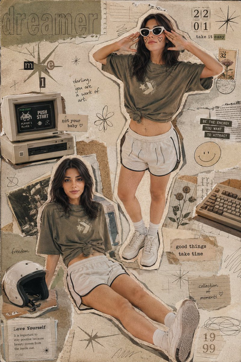 A warm, paper-textured collage that layers a young woman in cat-eye sunglasses across two poses with doodles, stamps, handwritten notes, and outlined type. It…