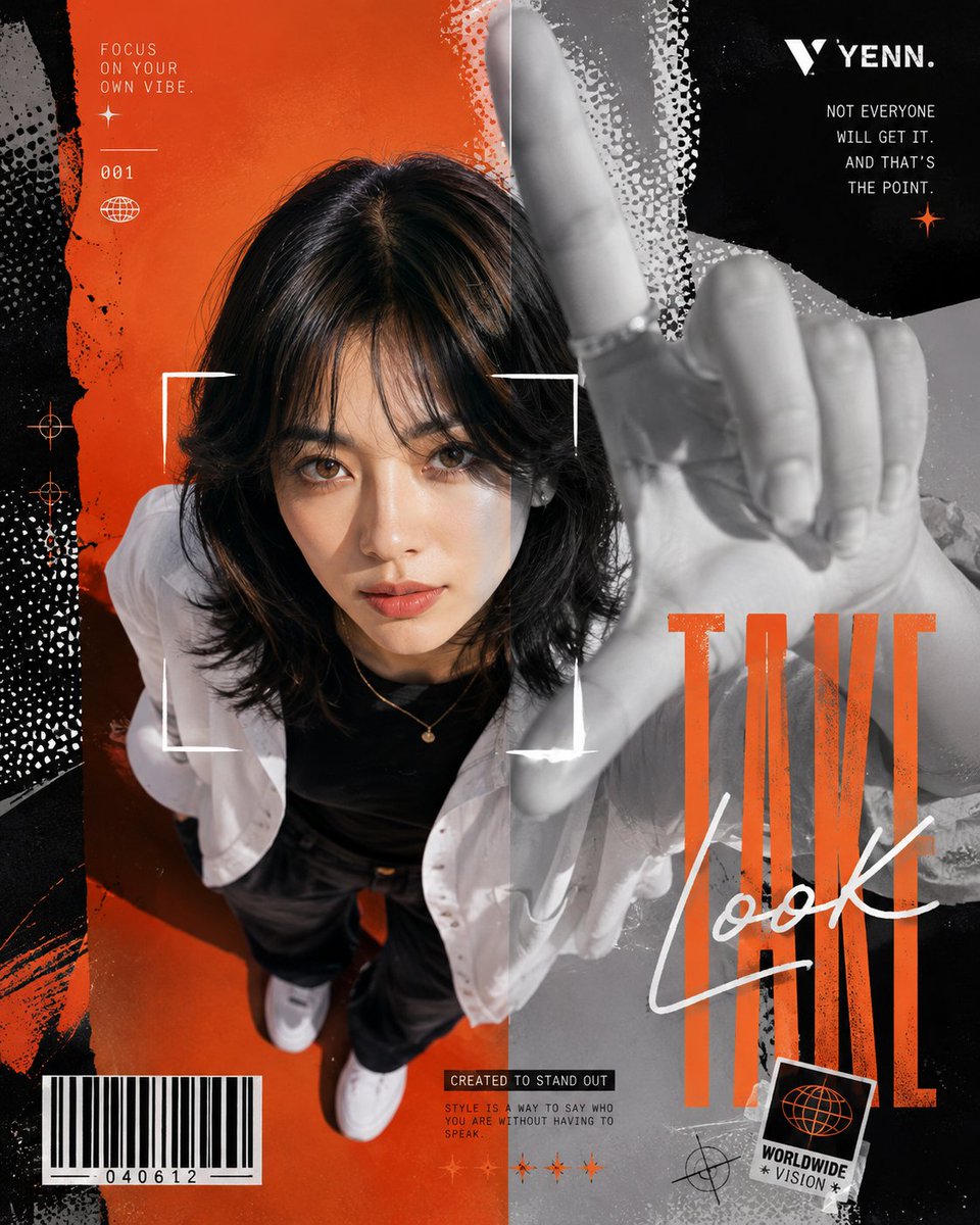 A high-angle portrait of a woman with a blunt black bob, split between full color and grayscale over white halftone dots. Burnt orange doodles and a vertical…