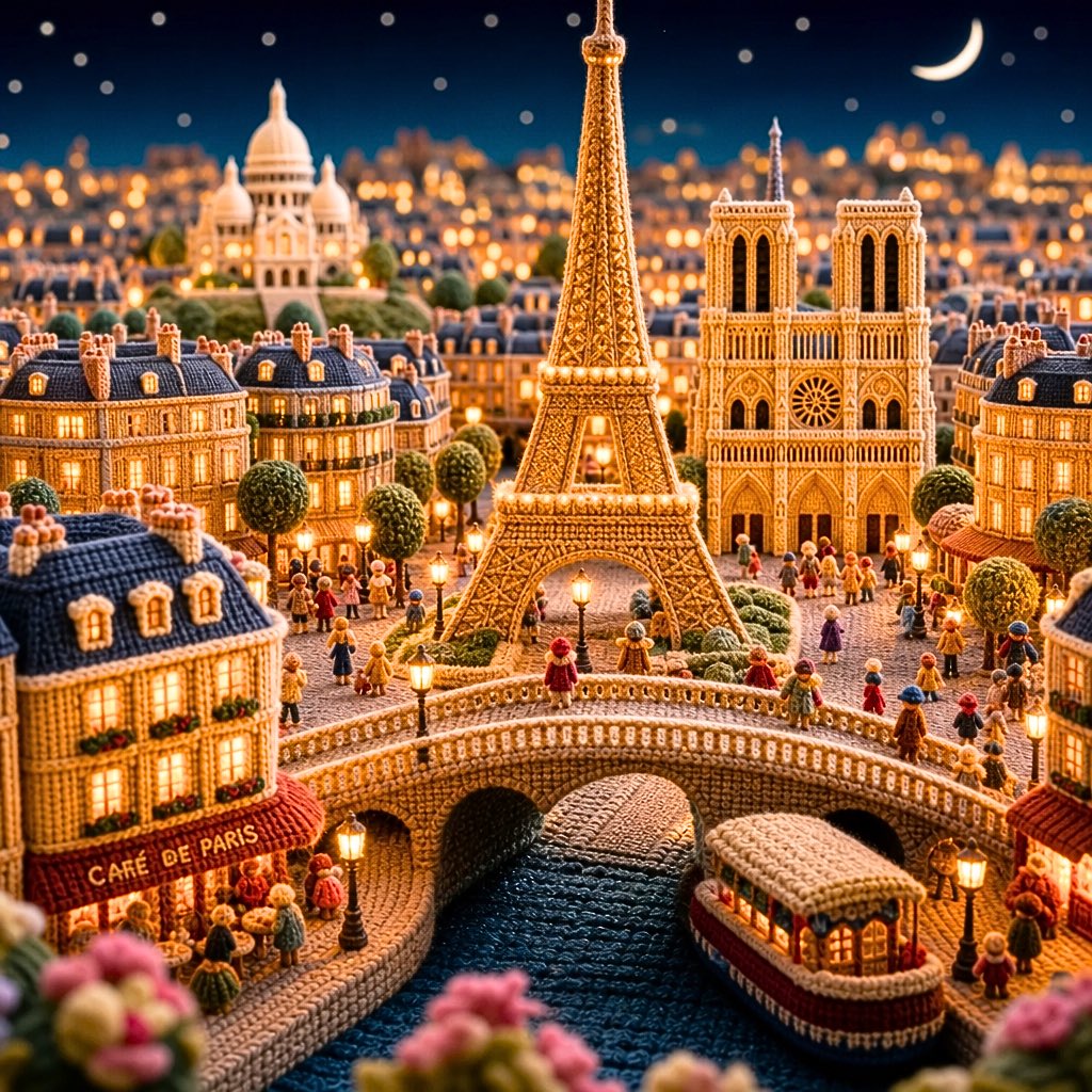 A cozy city scene built from wool, with knitted landmarks, soft yarn streets and tiny lit windows glowing warm against the yarn. Every surface reads as…
