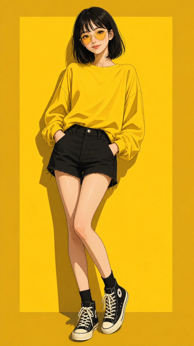 A young anime-style figure in an oversized yellow sweatshirt and black high-waisted shorts stands against a flat yellow panel. Bold lines and crisp shadows…