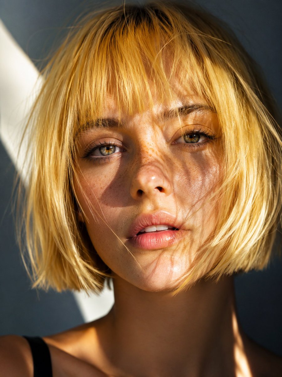 Yellow Bob Portrait with Freckles in Editorial Style — AI result, variation 2 of 4