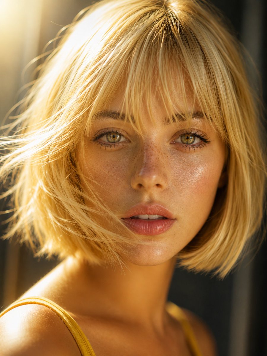 A tight, luminous beauty close-up of a young woman with a golden yellow-blonde bob, straight blunt bangs and freckles across the nose, set against a plain…