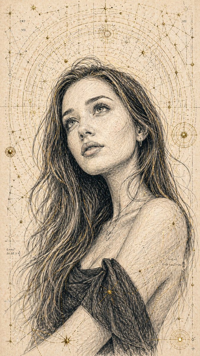 Young Man Portrait in Ink with Golden Celestial Patterns — AI result, variation 2 of 4