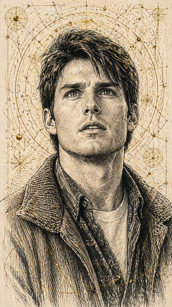 Young Man Portrait in Ink with Golden Celestial Patterns — AI result, variation 4 of 4