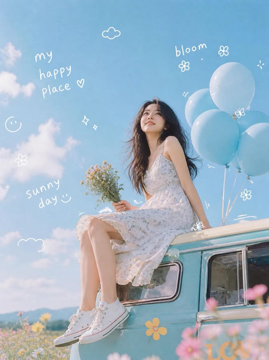 Young Woman on Turquoise Van Dreamy Film Portrait — AI result, variation 3 of 4