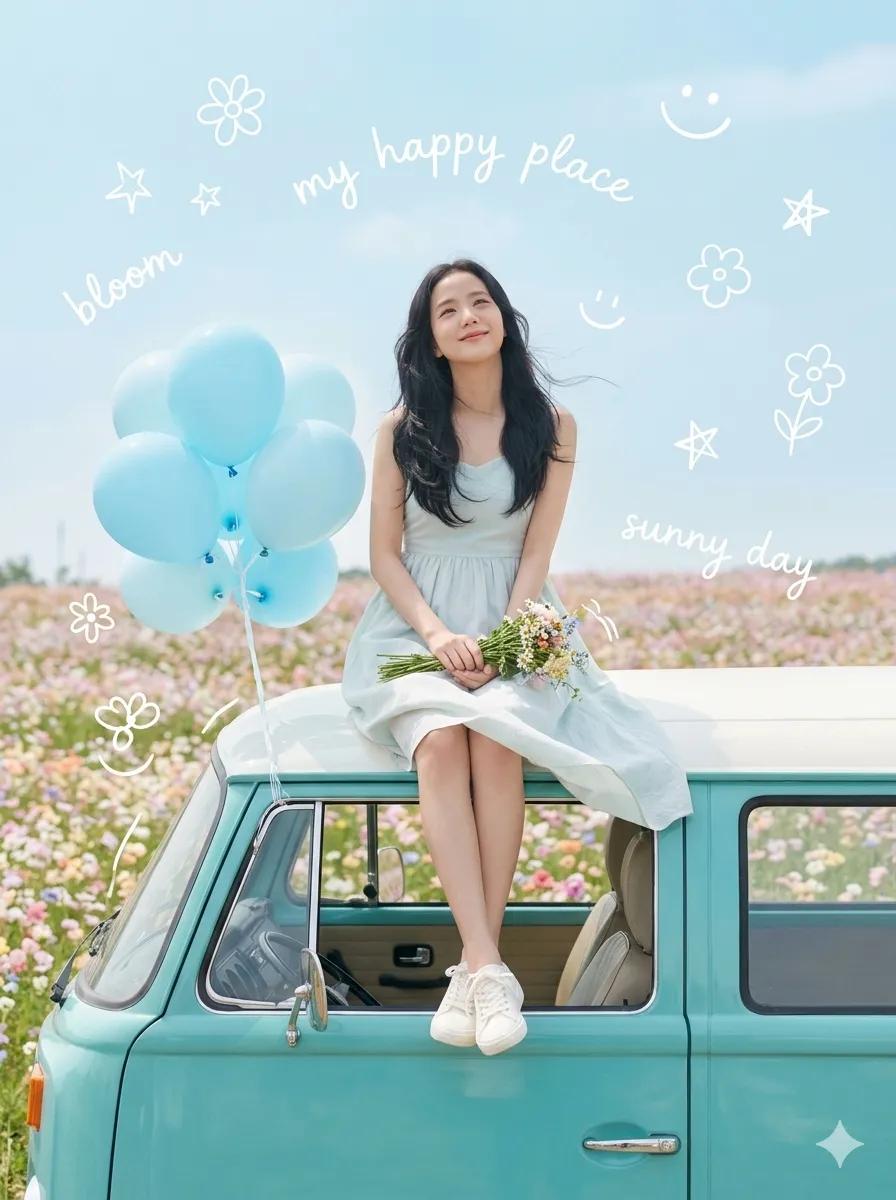 Young Woman on Turquoise Van Dreamy Film Portrait — AI result, variation 4 of 4