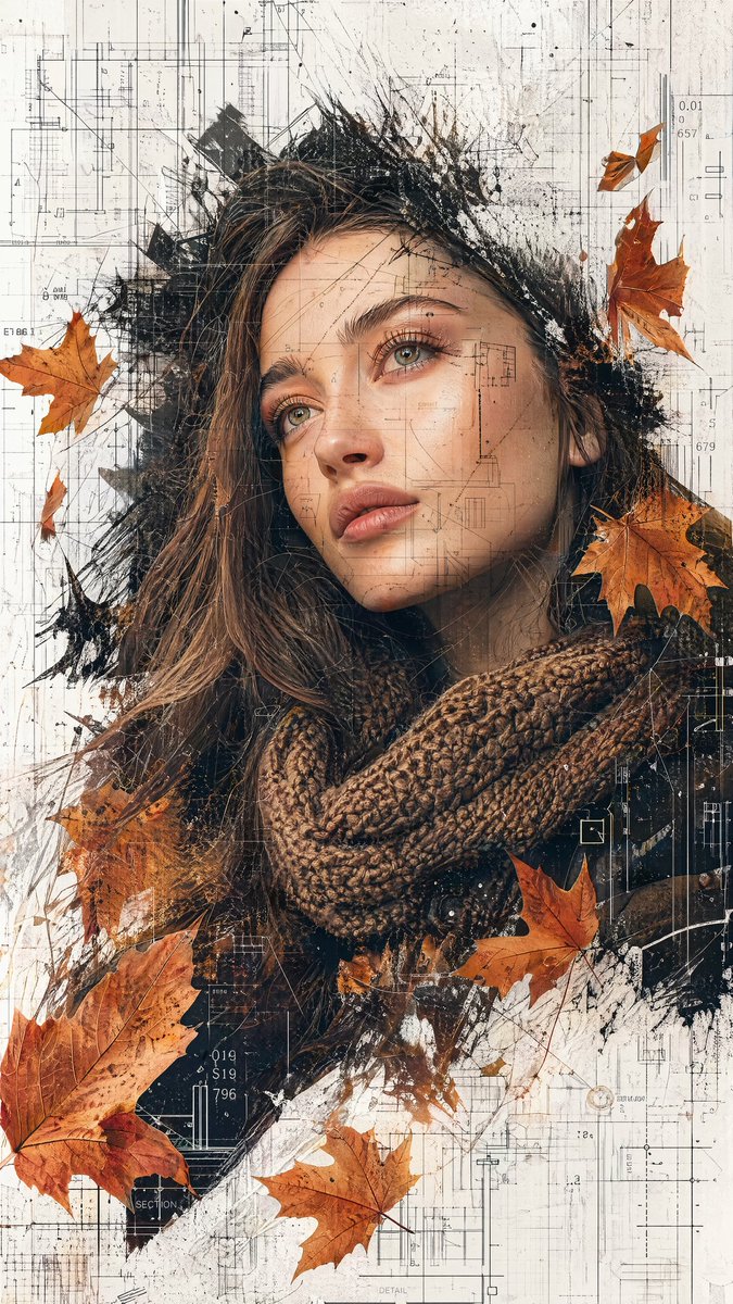 Young Woman Portrait with Blueprint Collage — AI result, variation 2 of 4