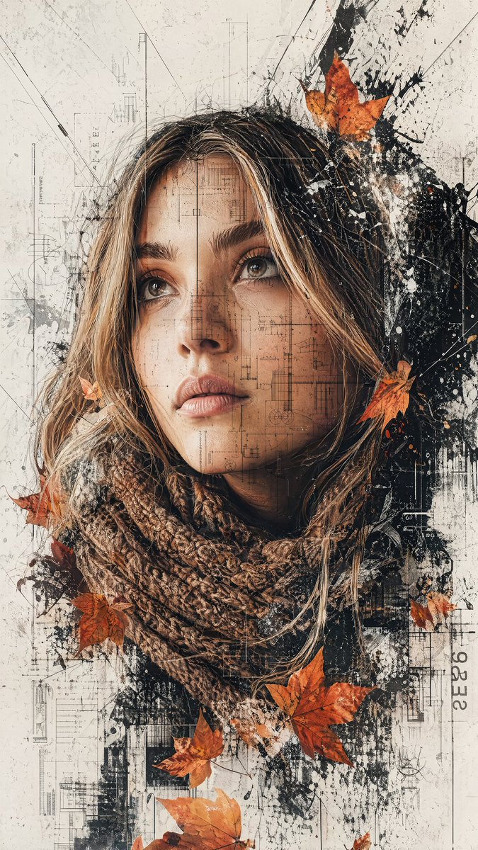 Young Woman Portrait with Blueprint Collage — AI result, variation 4 of 4