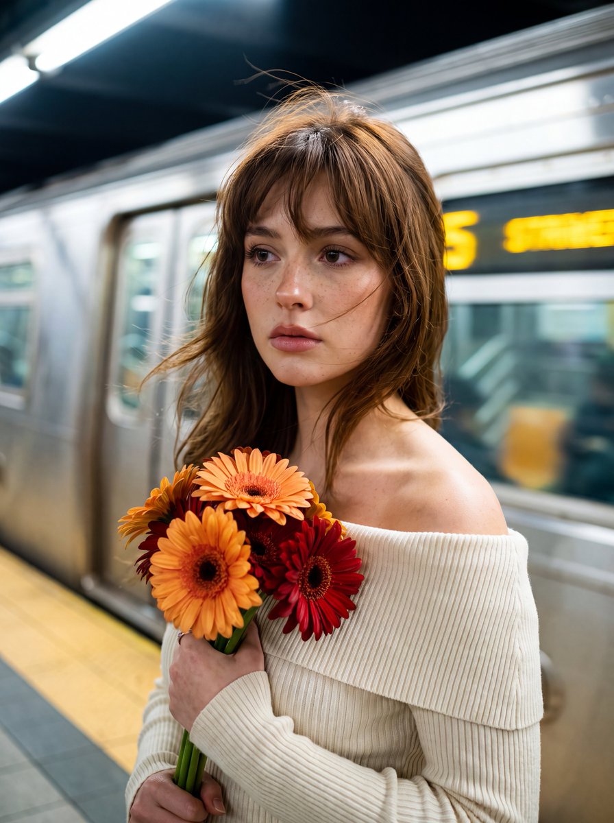 A calm, sharp portrait of a young woman holding orange and red gerbera daisies while a silver and yellow train blurs past behind her. The stillness against the…