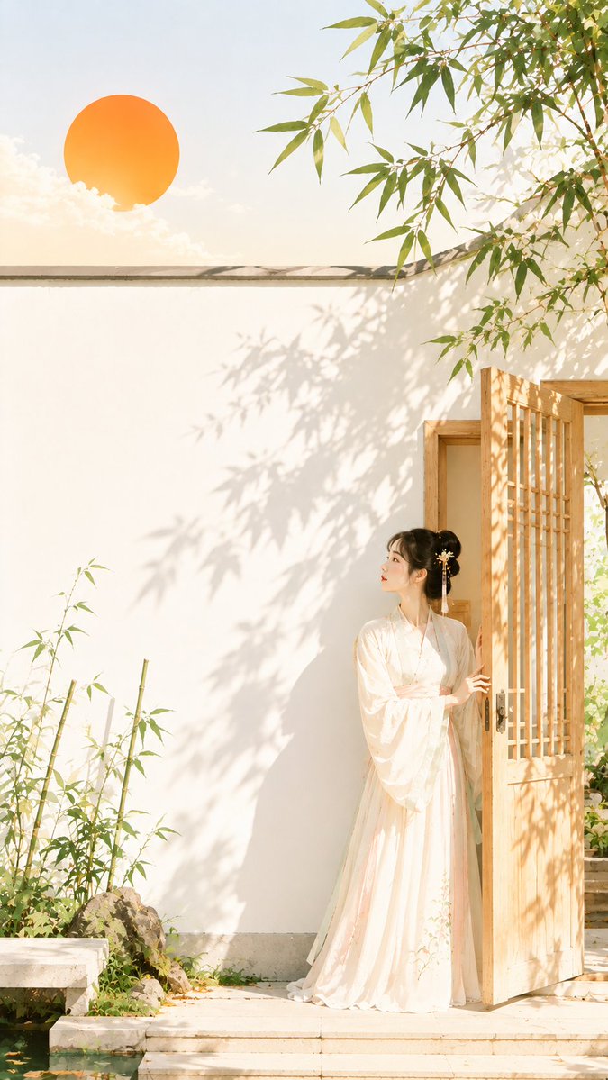 A bright, airy vertical poster with a warm white wall, soft green bamboo shadows and a tangerine sun in the upper left, while a figure rests a hand on a wooden…