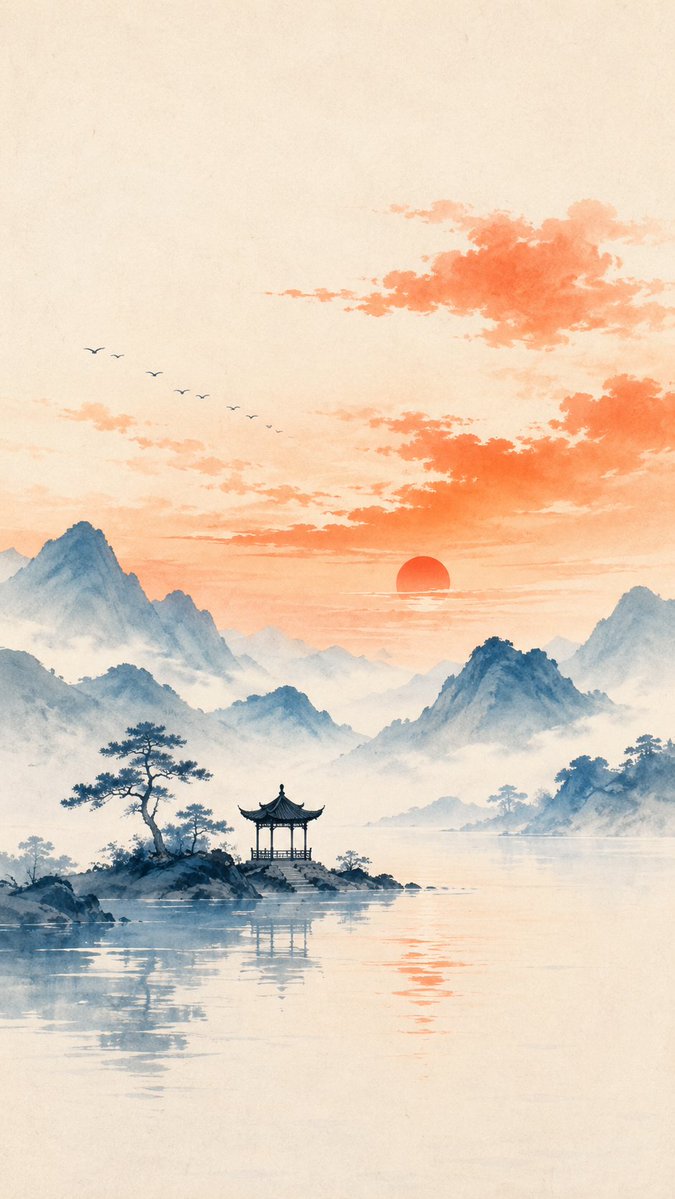 A small pavilion sits low in a wide, airy landscape of mountains and water under a warm evening sky. Cream paper tones and soft blue-green distance keep the…